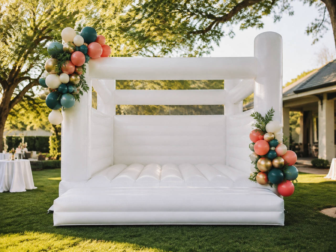 White bounce house at a family celebration for Greater Houston events