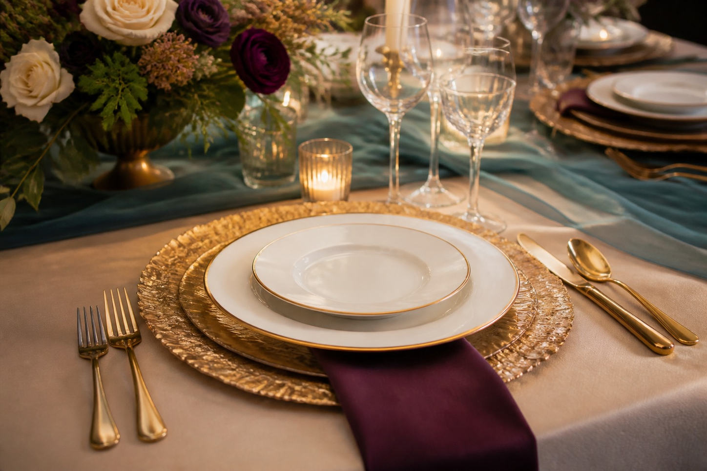 Layered dinnerware, glassware, chargers, and flatware for Greater Houston events