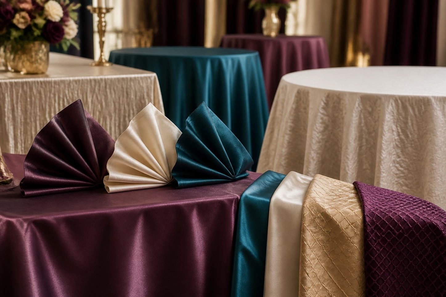 Event linens and napkins arranged by color for Greater Houston events