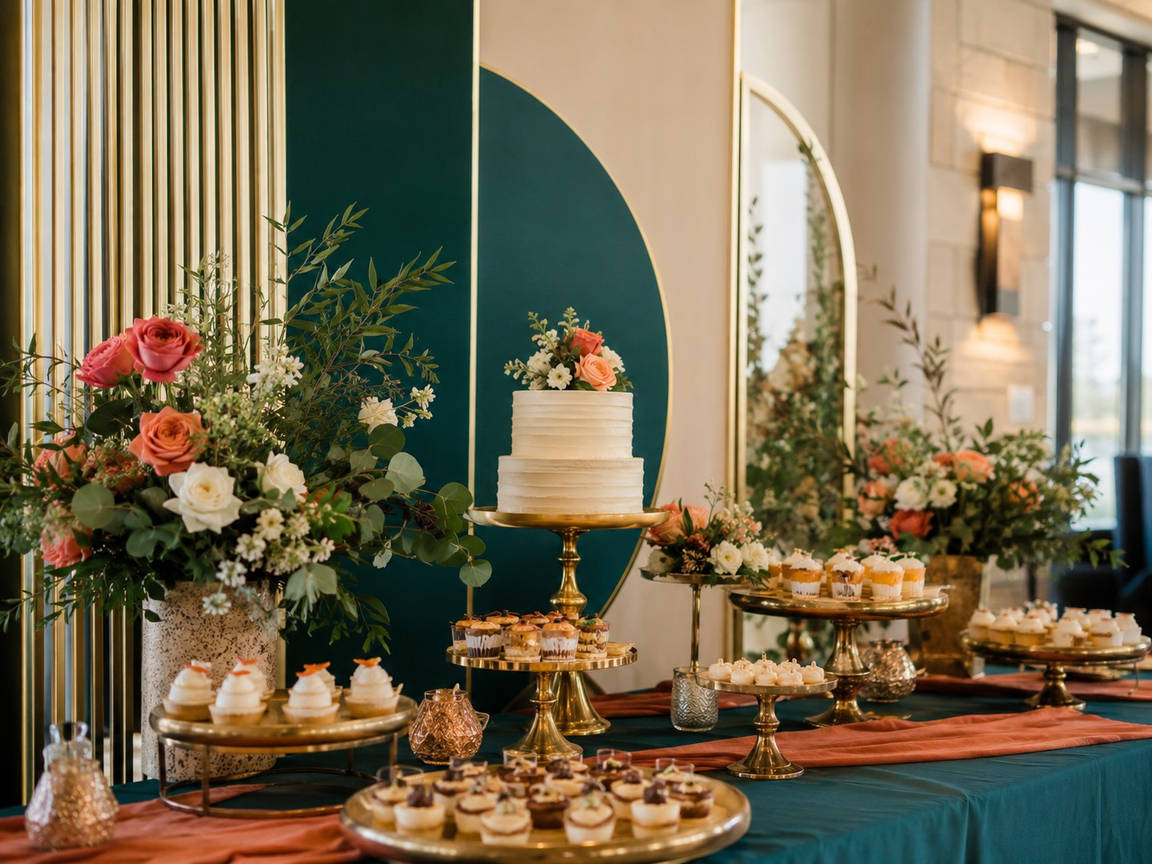 Teal, coral, and gold party décor for Greater Houston events