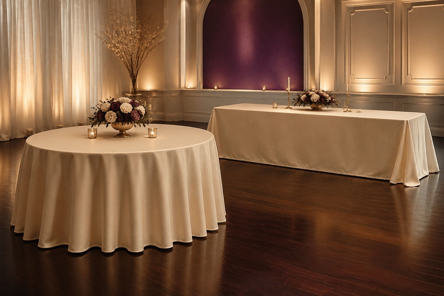 Round and rectangular banquet tables in an elegant venue for Greater Houston events